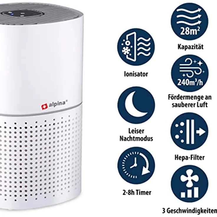 alpina Luftreiniger - Luftreiniger mit Ionisator - HEPA-Filter - 3 Modi + Nachtmodus - Weiß – Bild 3
