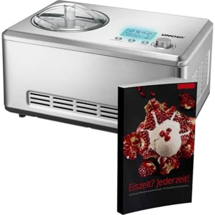 Unold 48976 Eismaschine Nobile inkl. Eisbuch mit 101 Rezepten Speiseeisbereiter 2L vollautomatischer, selbstkühlender Kompressor, LCD-Display Gefrierbereich bis ca. -35 °C, 180W, silber