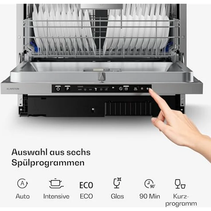 Klarstein Velaire, Vollintegrierte Spülmaschine 60cm mit 14 Plätzen, 6 Programmen, 42 dB, Energieeffizienz A, AquaStop – Bild 4