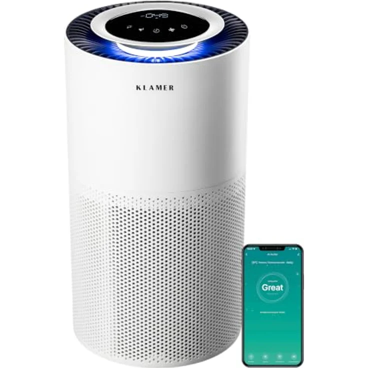 KLAMER Luftreiniger 600i, HEPA Filter mit 450 m³/h CADR, für Räume bis 55m², entfernt 99,9% Pollen, Staub, Viren und Allergene, 3 Modi inkl. Automatikmodus – Bild 1