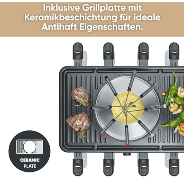 SEVERIN Raclette-Fondue-Kombination RG2347, 2-in-1 Raclette Grill & Fondue-Set für 8 Personen, Antihaftbeschichtung, spülmaschinengeeignet – Bild 4