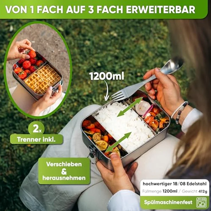 Blockhütte Brotdose 1200 ml, inkl. Austauschdichtung & Trennwand, Edelstahl, silber – Bild 4