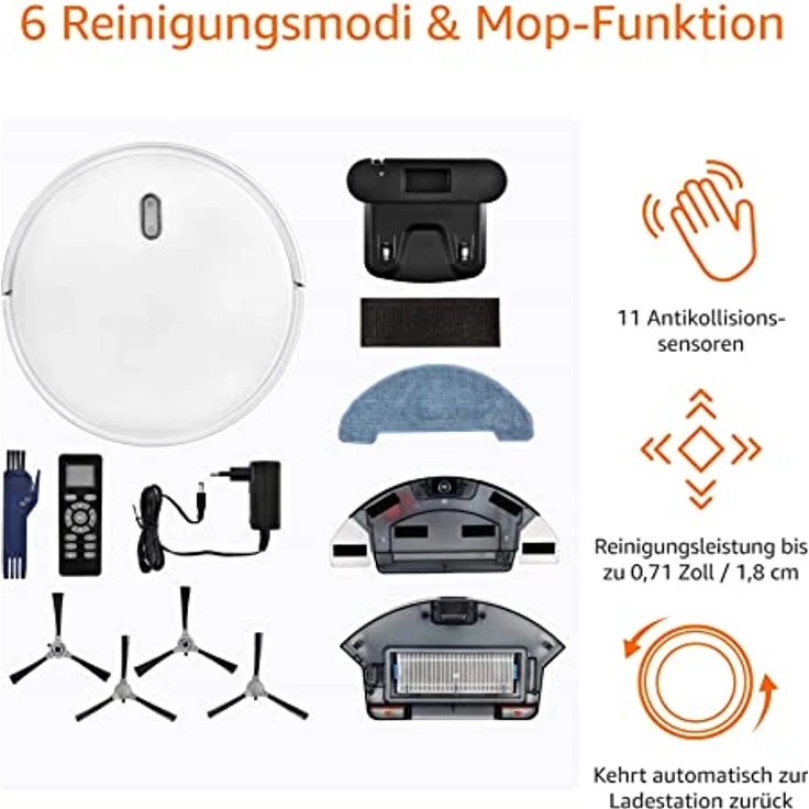 Venga! Saugroboter mit Mop, einfach zu bedienen, 6 Reinigungsmodi, leiser Betrieb, weiß, VG RVC 3000 BS, Device - White – Bild 3