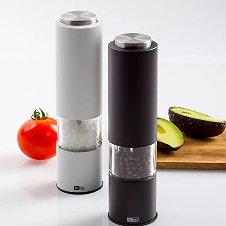 AdHoc elektrische Salzmühle und Pfeffermühle 2er Set Tropica Schwarz und Weiß mit Keramikmahlwerk einstellbar fein bis grob inkl. Salz & Pfeffer – Bild 4