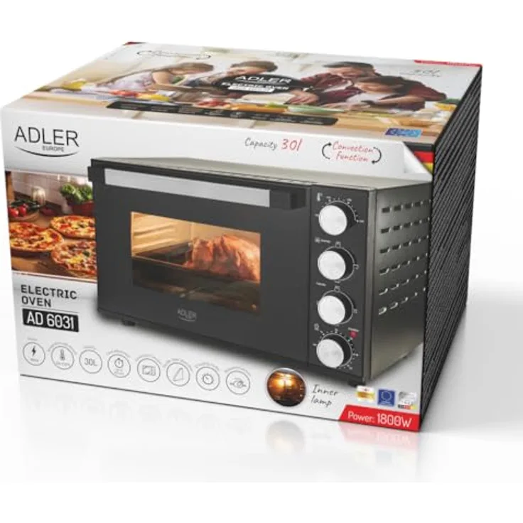 Adler AD6031, Minibackofen mit 30 l Fassungsvermögen, Heißluft- und Grillfunktion, schwarz