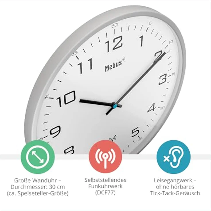 Mebus Funk-Wanduhr Modell 13081, 30 cm, lautlos, grauer Rahmen, weißes Zifferblatt, moderne Präzisionstechnik – Bild 2