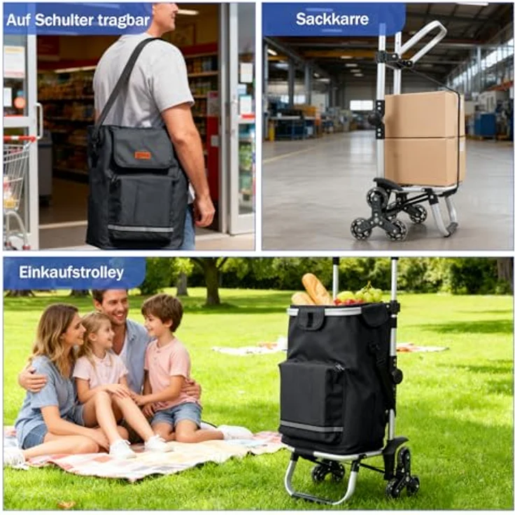Sekey XXL Einkaufstrolley Treppensteiger mit 3 Rädern, 3-in-1 Aluminium Trolley mit höhenverstellbarem Griff, inkl. Kühlfach und Getränkefach, Schwarz – Bild 5