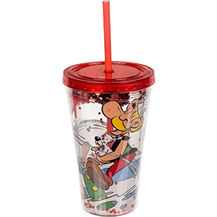 Out of the blue Trinkbecher mit Trinkhalm Asterix Wiederverwendbar Becher Cup Kunststoff 500ml, Bruchsicher Drehverschluss, Mehrfarbig