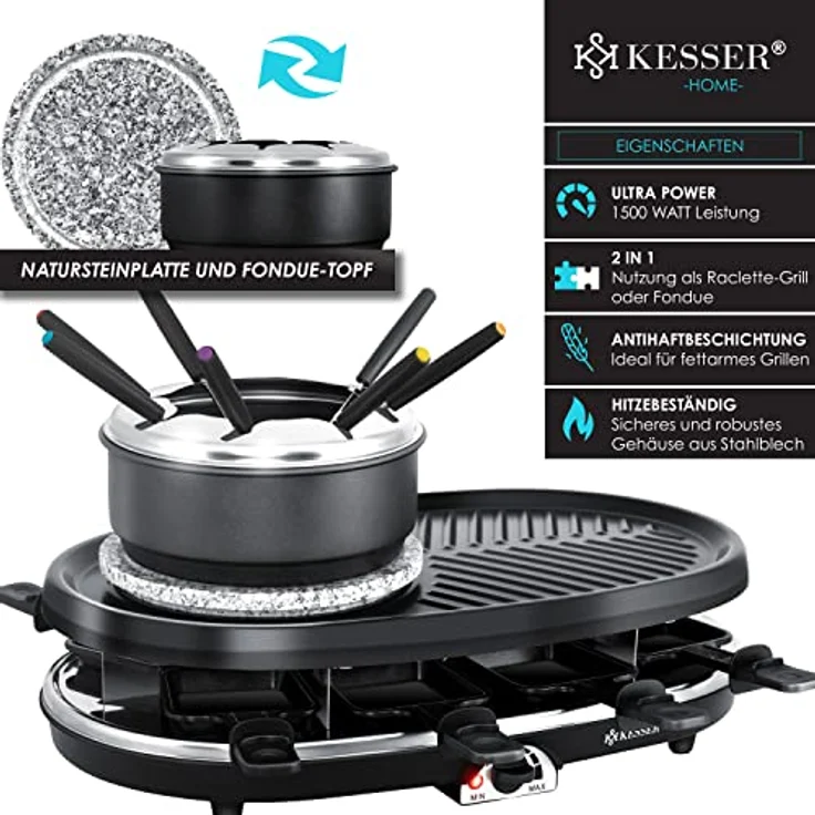 Kesser 3in1 Raclette-Grill mit Naturgrillstein, 1500W, Grillplatte und Fondue, Tischgrill für 8 Personen, Elektrogrill Raclette Grill antihaftbeschichteter Grillplatte, 8 Pfannen und Holzspatel, silber, schwarz – Bild 2