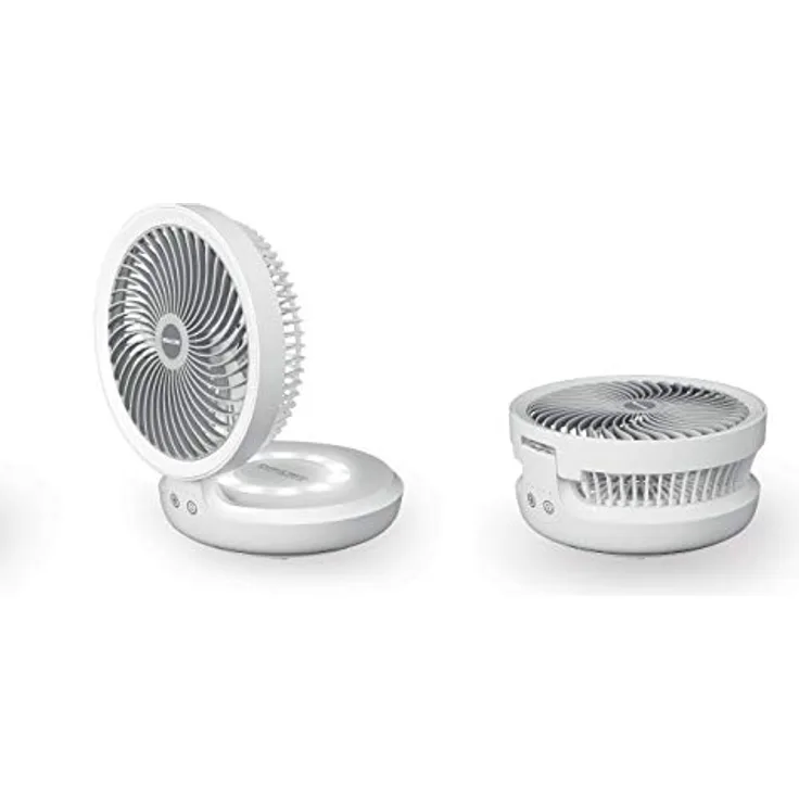 Macom Enjoy & Relax 990, Kabelloser Tischventilator mit USB, oszillierend, 4 Geschwindigkeitsstufen, LED-Licht, wiederaufladbar, 19 cm Durchmesser, weiß