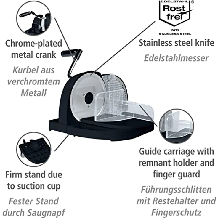 WENKO Brotschneidemaschine Schwarz, Schneidemaschine für Brot aus Kunststoff mit Edelstahlmesser, Führungsschlitten mit Restehalter und Fingerschutz, fester Stand durch Saugnapf, 31 x 20 x 29 cm – Bild 2