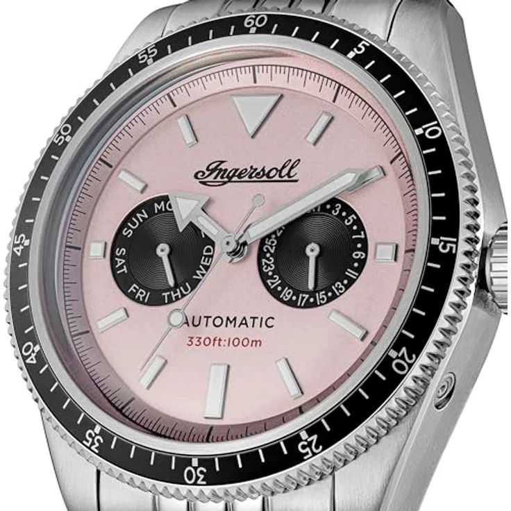 Ingersoll Die Rider, 52 mm automatische Herrenuhr mit rosa Zifferblatt und silberfarbenem Edelstahlarmband - I17201, wasserdicht bis 50 m – Bild 4