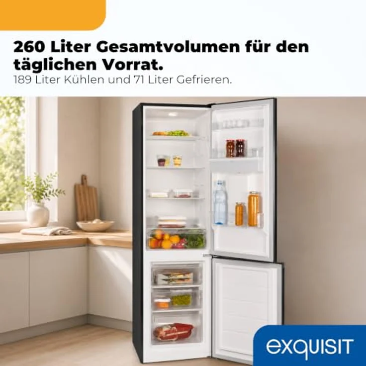 Exquisit KGC5265-70-WS-040E, Kühl-Gefrierkombination 260 l mit Wasserspender, 71 l Gefrierfach, Energieklasse E, LED-Beleuchtung, schwarz – Bild 5