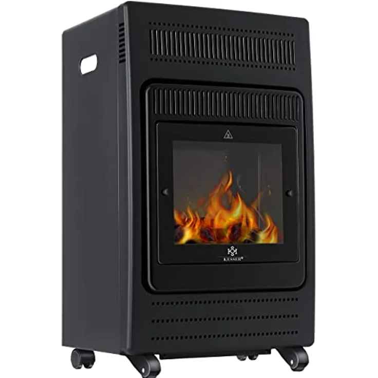 KESSER Gasheizer Gasheizofen Heizstrahler 3,4 kW Gas Kamin inkl. Gasdruckregler & Gasschlauch 2 Heizstufen Infrarot 3400W Gasheizstrahler Gasheizung Butan- oder Propangasflaschen bis 11kg Schwarz Schwarz, 