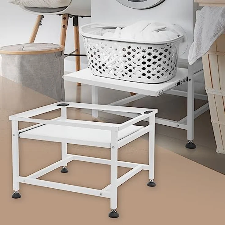 ML DESIGN modern living Waschmaschinen-Untergestell mit ausziehbarer Ablage, Weiß, 62,5x53,5x45 cm, aus Stahl, bis 150kg, höhenverstellbaren Füße – Bild 1