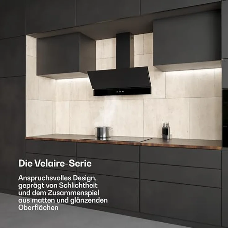 Klarstein Velaire Dunstabzugshaube 90 cm, Kopffreihaube mit 820 m³/h Boost, Energieeffizienz A++, Touch-Bedienung, LED-Beleuchtung, Aluminium- und Aktivkohlefilter, Schwarz – Bild 2
