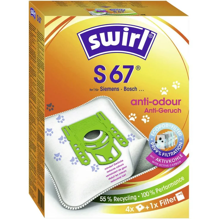 Swirl S 67 XL Vorteilspack EcoPor® Staubsaugerbeutel, 8 Beutel + 2 Abluftfilter + 1 Motorfilter, 99,99% Filtration, made in Germany