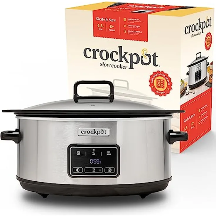 Crockpot Sizzle & Stew Digital Slow Cooker | 6,5 L (8+ Personen) | Abnehmbare induktionsgeeignete Schüssel für Fleisch und Gemüse | EU 2 Pin Stecker | Edelstahl [CSC112X] - Preisvergleich