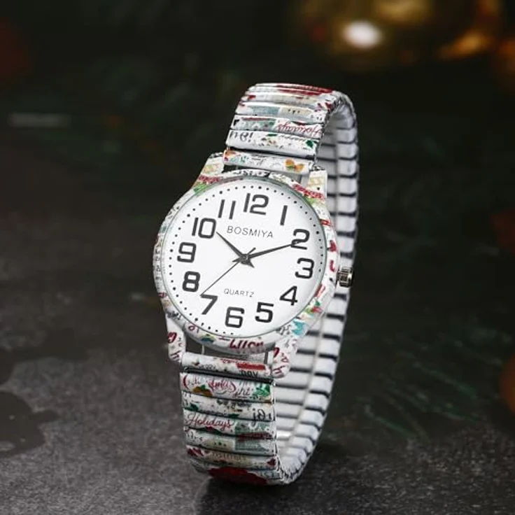 JewelryWe Weihnachtsuhr Damen, Boho Stil mit elastischem Edelstahl Zugarmband, große Ziffern, spritzwassergeschützt, analog Quarz Uhr – Bild 3