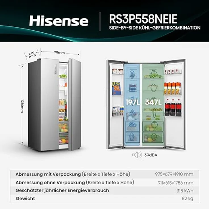 Hisense RS3P558NEIE, Side-by-Side Kühl-/Gefrierkombination, 544 Liter, NoFrost Plus, Silber, 197 l Gefriervolumen, LED-Innenbeleuchtung – Bild 3