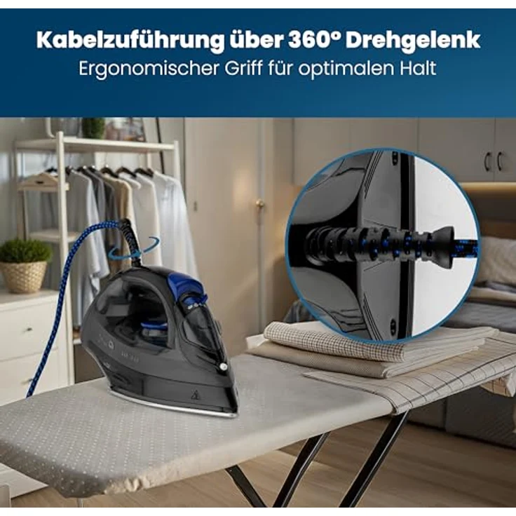 Clatronic DB 3703 Dampfbügeleisen mit 7 Funktionen, Edelstahlspezialsohle, stufenlose Temperaturregulierung, zuschaltbare Selbstreinigungsfunktion, Schwarz-Blau – Bild 5
