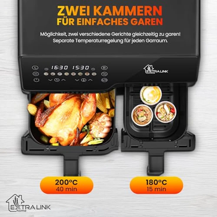 Extralink Home Luftfriteuse SJ-1000, 10L (6L+4L) Heissluftfritteuse mit 2500W und Fettreduzierung um bis zu 90% – Bild 5