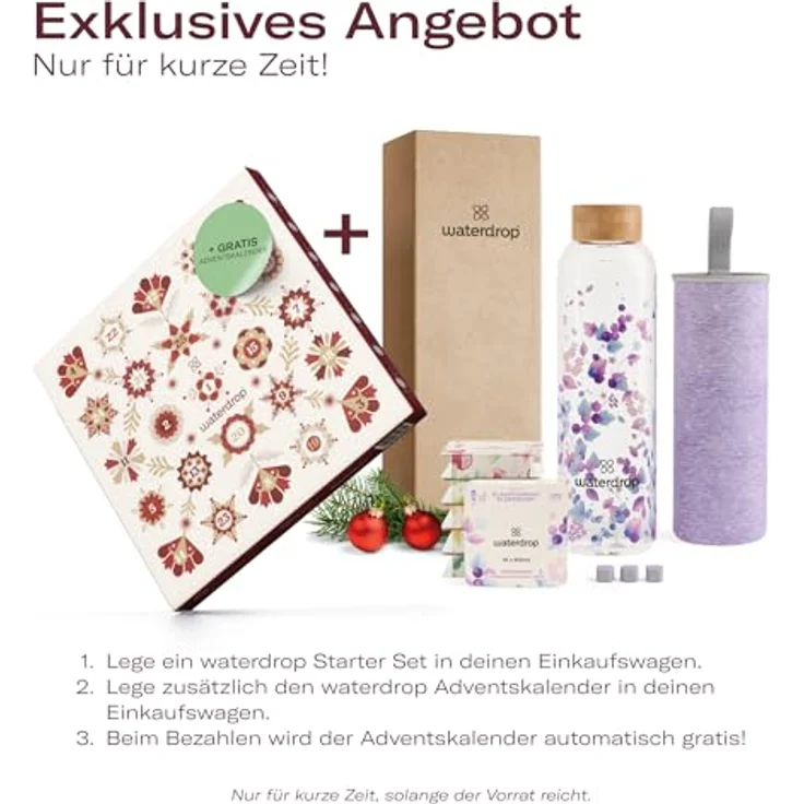 waterdrop® Weihnachts-Geschenk Set: Glasflasche mit 18 Microdrinks - 6 Sorten, 600ml Borosilikatglas, Trinkflasche Kohlensäure geeignet, Zuckerfreies Pulver, Geschenkset für Frauen & Männer – Bild 2
