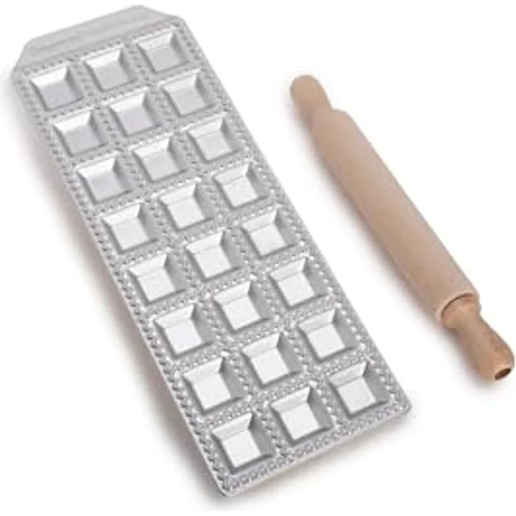 Imperia RAVIOLAMP 24 RAVIOLI CLASSICI, Ravioliform aus Aluminium mit Buchenholz Teigrolle, silberfarben, 34 x 34 mm – Bild 1