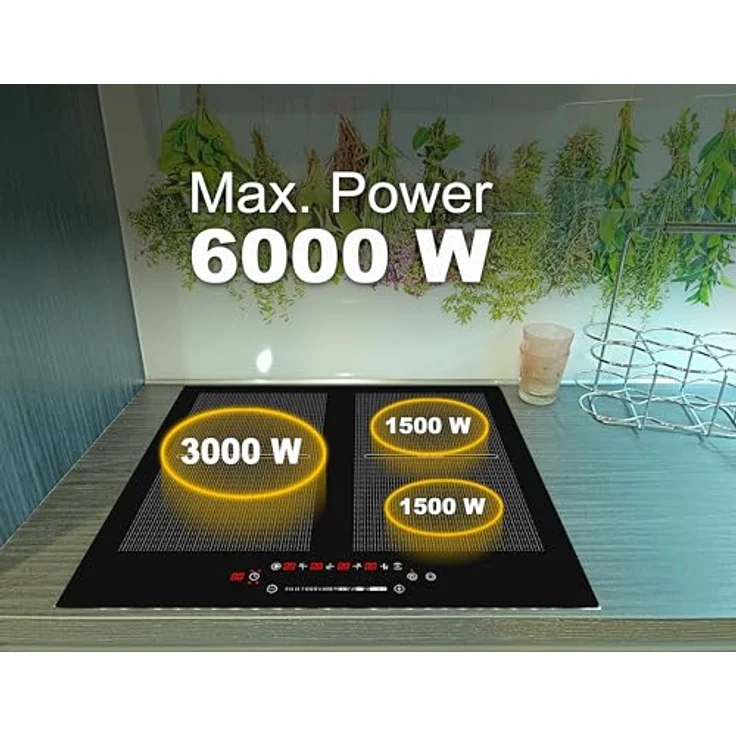 Acopino KMI4DF Induktionskochfeld, Glaskeramik, 6000W, 60 x 52 cm, 2 Doubleflex-Kochzonen, rahmenlos, Sensor Touch Control, 220-240V – Bild 3