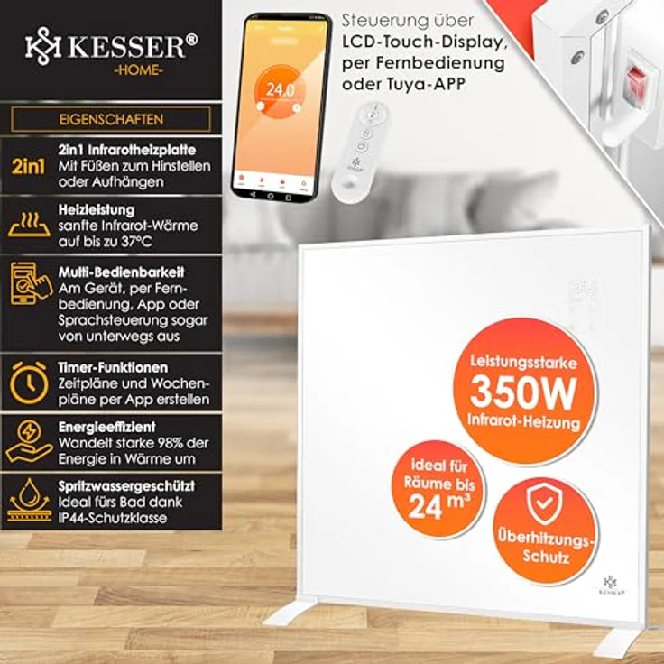 KESSER Infrarotheizung, 350W Energiesparend Infrarot Standgerät & Wandmontage Elektroheizung, IP44 Spritzwasserschutz, Allergikerfreundlich – Bild 3