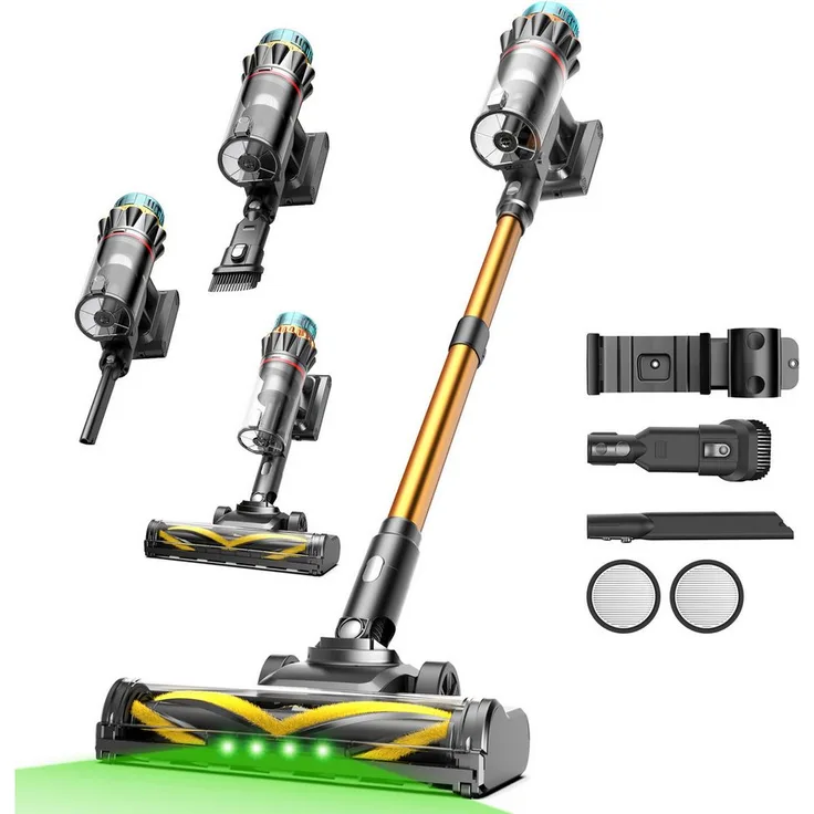 Vactidy Akku-Hand- und Stielstaubsauger V14 Pro, 80000 PA Saugkraft, 600 W, 60 Min Laufzeit, LED-Display, 6-stufiges Filtersystem, beutellos, abnehmbarer Akku, V-förmige Antiwickelbürste