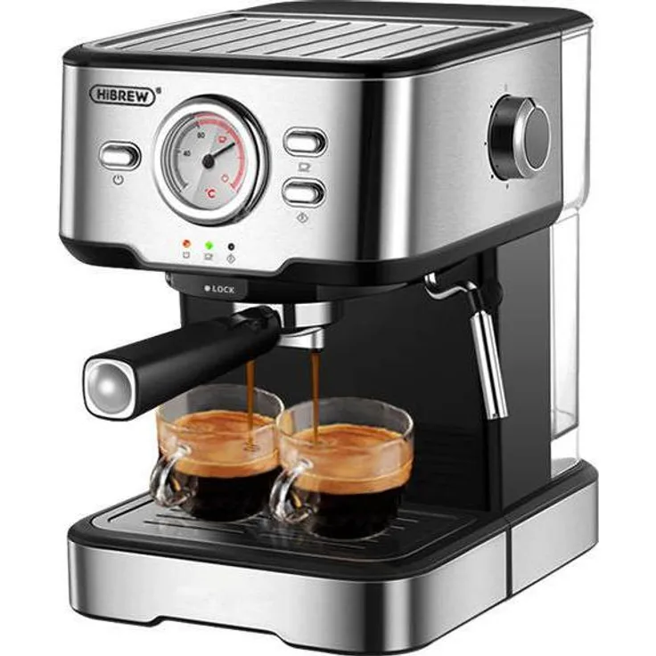HiBREW H5, Siebträgermaschine mit 1050 W, 20 bar Druck, Milchaufschäumer und 1,5 l Wassertank