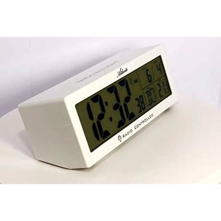 Atlanta Funkwecker Digital LCD-Anzeige mit Lautstärkeregelung, Temperaturanzeige, Crescendo-Alarmsignal und Snooze-Funktion, Weiß – Bild 2