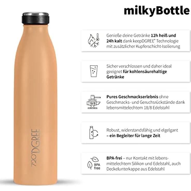 720°DGREE Trinkflasche Edelstahl Doppelwandig 750ml Isolierflasche milkyBottle light peach matt – Bild 2