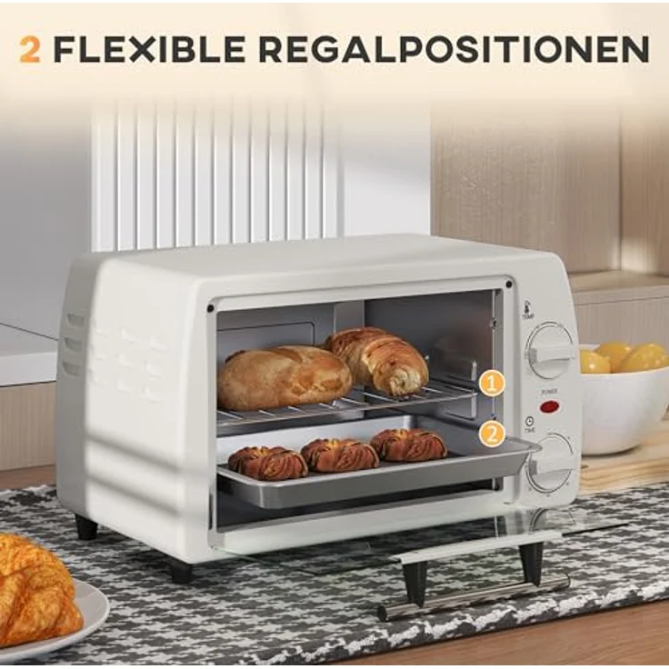 HOMCOM Mini Backofen 10 Liter 750W Kleiner Elektrobackofen mit Temperatur bis zu 230 ℃ Timer 60 Minuten Backblech und Rost 36,5x26x22 cm Cremeweiß – Bild 4