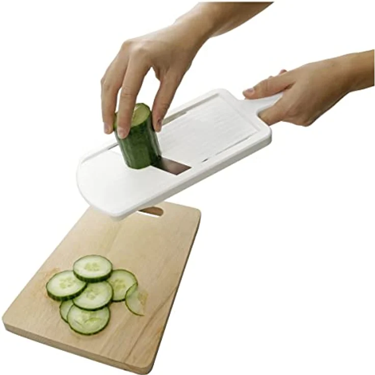 Fackelmann Dick--Dünnschneider mit Restehalter, Gemüseschneider mit zweiseitiger Edelstahl-Klinge, hochwertiger Gemüsehobel (Farbe: Weiß-Schwarz), Menge: 1 Stück – Bild 3