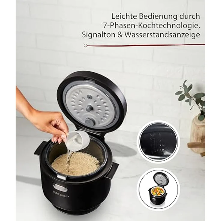 Cloer 6830 Reiskocher, 1 l mit Dampfaufsatz, 7-Phasen-Technologie, Warmhaltefunktion bis 24 h, spülmaschinengeeignet, 350 W – Bild 4