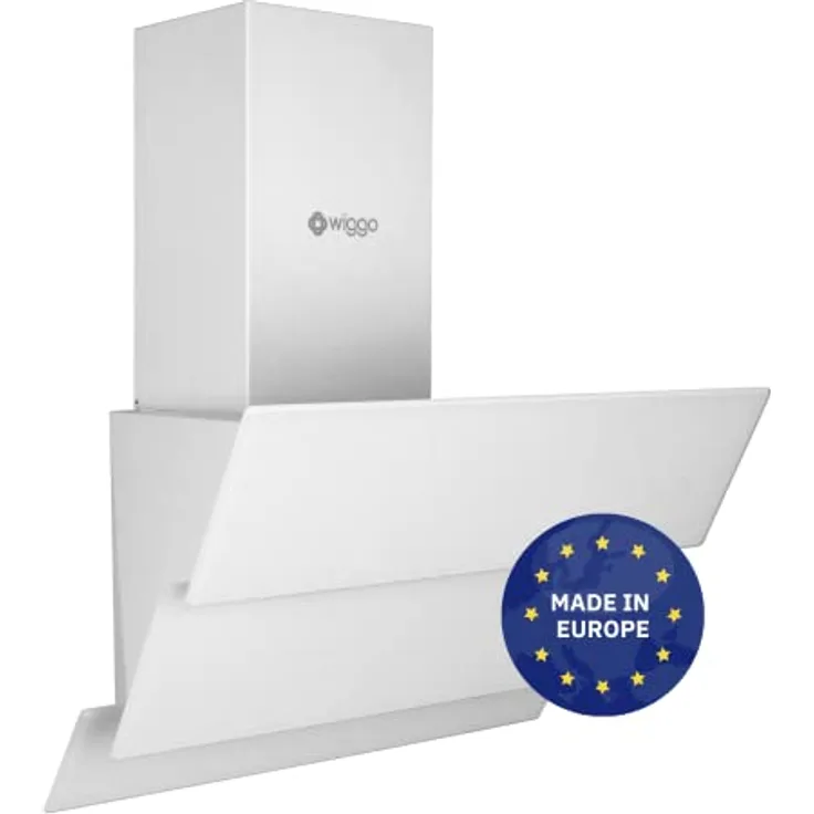 Wiggo Dunstabzugshaube 60cm kopffrei I Abluft Umluft Dunstabzug 300m³/h - LED Touch-Display 3 Stufen I Schräghaube inkl. Fettfilter & 2x Kohlefilter I Abzugshaube mit 3 teiliger Glasfront weiß