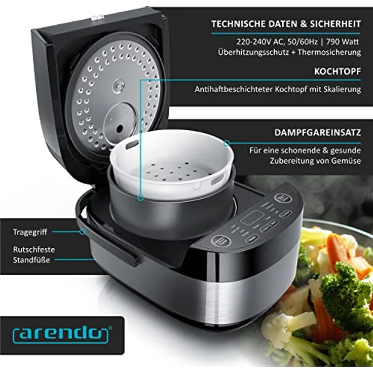 Arendo Rice Cooker 305648- Reiskocher Multikocher digital und Dampfgarer 4L – 3D Heizsystem – 8 Programme – Warmhaltefunktion – Timer – Antihaftbeschichtung - inkl. Dampfgareinsatz, Messbecher, Reislöffel, Schwarz – Bild 5