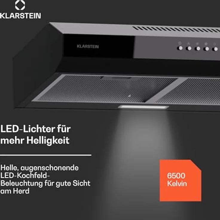 Klarstein Dunstabzugshaube 60cm, Abluft-Dunstabzugshaube mit Spülmaschinenfestem Filter aus Aluminium, Leise Abzugshaube Abluft, 200m³/h Luftstrom, Effiziente Wandhauben mit LEDs & Touch Controls – Bild 4