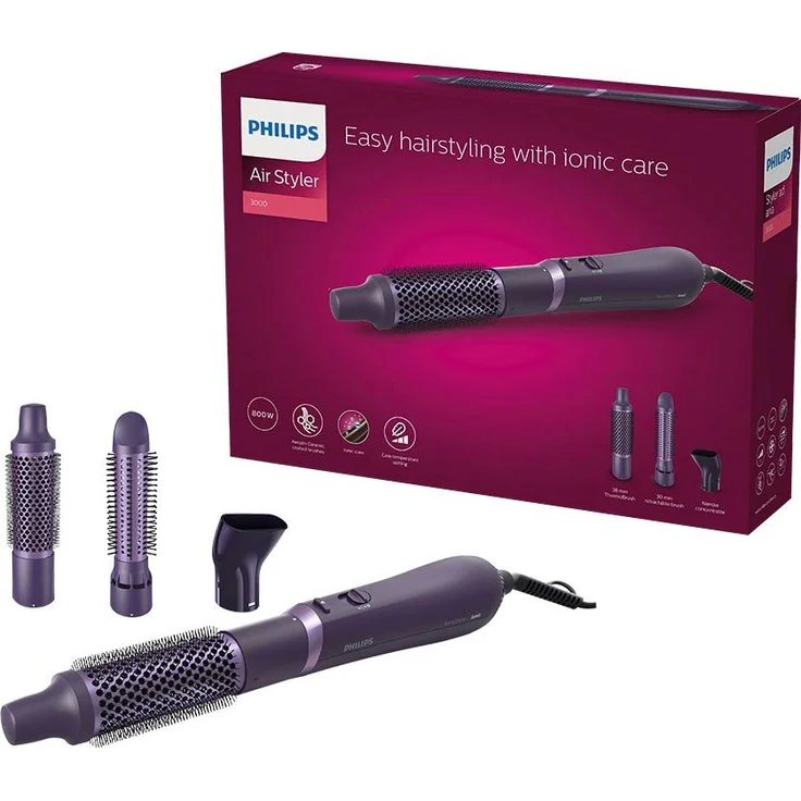 Philips Warmluftbürste AirStyler Series 3000 BHA305/00, mit Ionen-Technologie, Keratin-Keramikbeschichtung und 3 Aufsätzen, schwarz – Bild 1
