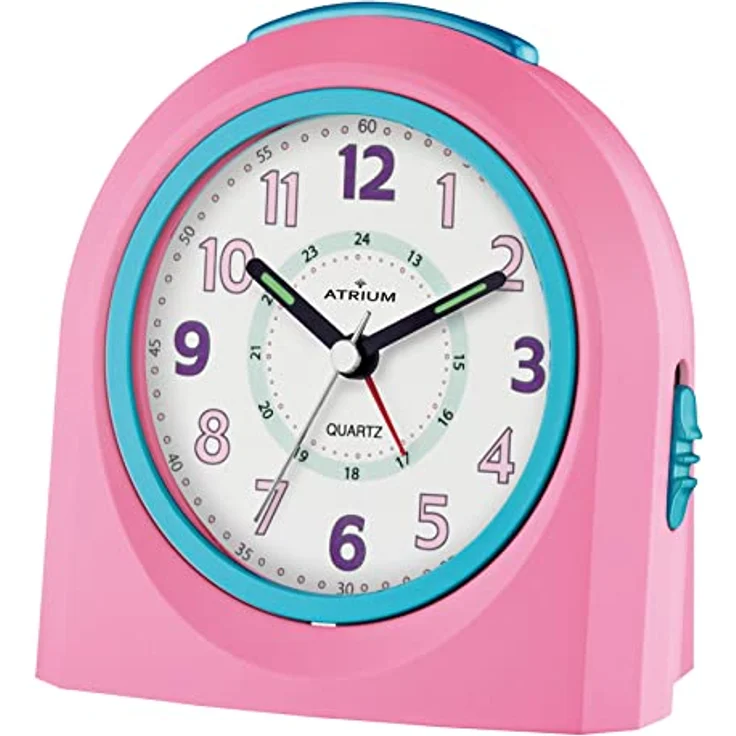 Atrium Kinder Wecker Analog Quarz mit Licht und Snooze, Rosa Türkis, 4-stufig ansteigendes Wecksignal, LED-Nachtlicht, 10x10x5 cm – Bild 1