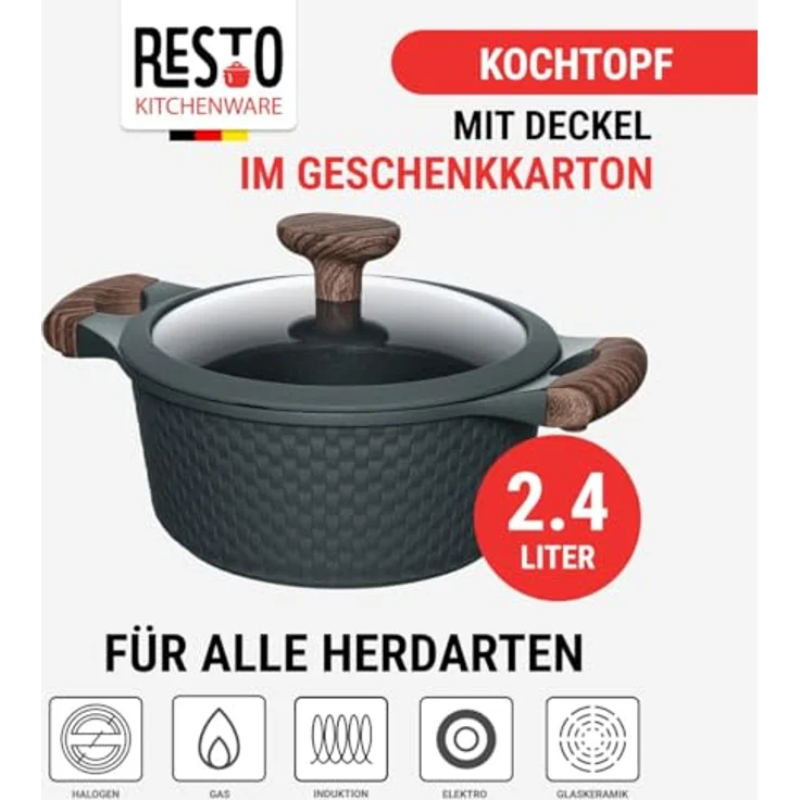 RESTO 93901 Topf mit Glasdeckel Ø20cm schwarz, 2,4L - antihaftbeschichtet, induktionsgeeignet, PFOA-frei, im Geschenkkarton – Bild 2