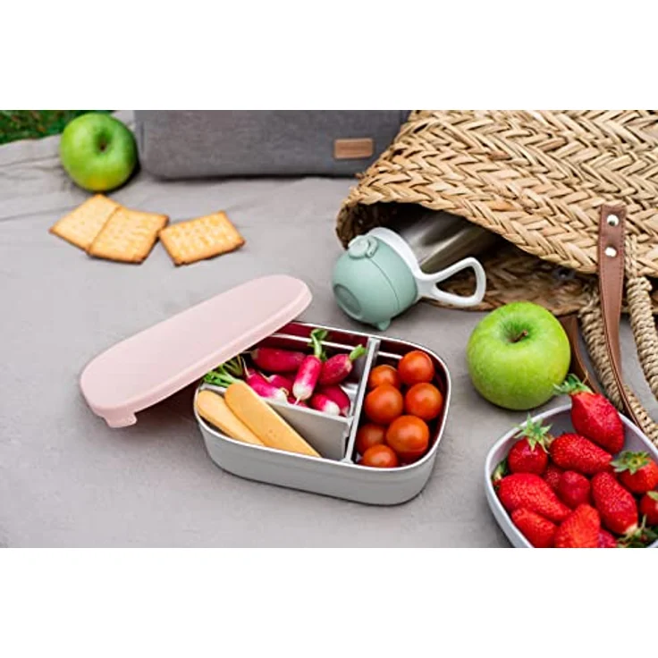 BÉABA, Lunchbox Kind, Brotdose Kinder mit Fächern, Auslaufsicher & BPA Frei, Edelstahldose, Bento Box Kinder, Silikonhülle, extrem robust, ideal für Kindergarten und Schule, 760mL, grau/Puderrosa – Bild 4