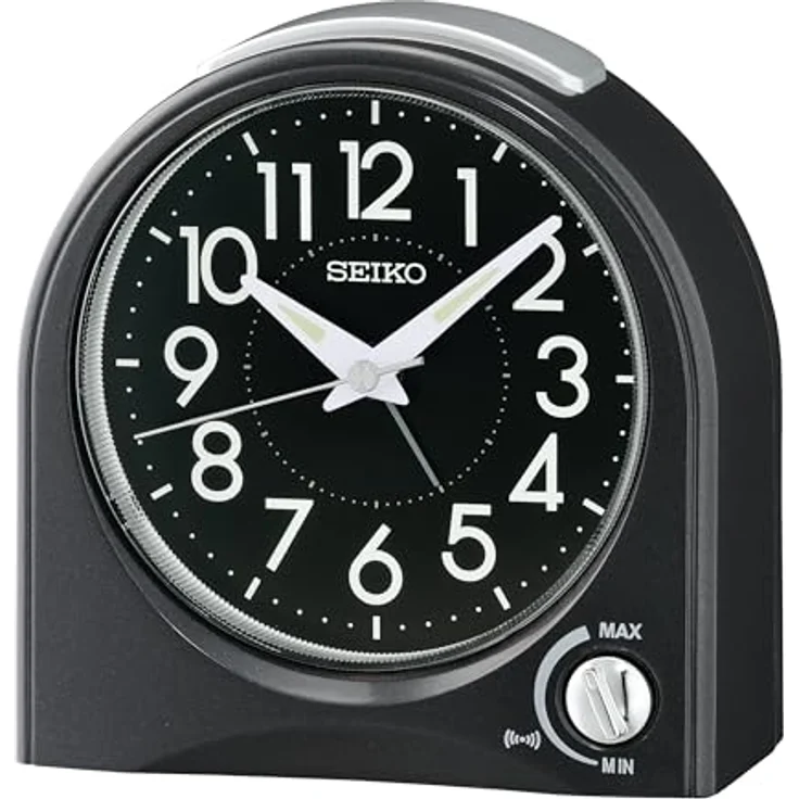 Seiko Clocks Kunststoff QHE204W, Wecker mit schleichender Sekunde, aufsteigendem Piep Alarm, Schwarz, 11.7 x 11.5 x 5.6 cm