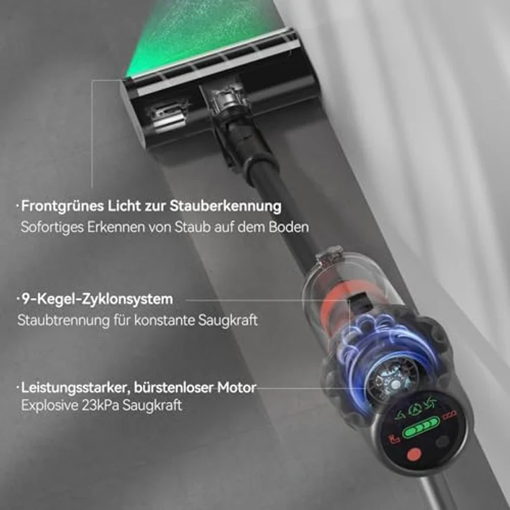 "Deerma Hand-und Stielstaubsauger DEM-T30W Akku-Staubsauger, 240 W - Mit optischem Stauberkennungssystem, grüner Staubreflektorleuchte und 9-Kegel-Zyklonkanal" – Bild 4