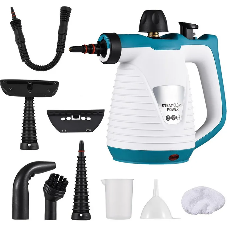 TUWENA Handdampfreiniger, Tragbarer Druckdampfreiniger mit 9 Zubehörteilen, Blau Weiß, 350 ml Wassertank, 135 °C Dampftemperatur, Entfernt 99,9 % Schmutz und Bakterien