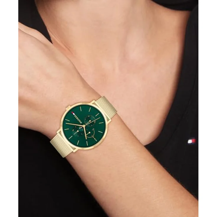 Tommy Hilfiger Damen Multifunktions-Quarz-Uhr mit smaragdgrünem Zifferblatt, 3 Hilfszifferblätter, wasserdicht bis 3ATM, 316L Edelstahl-Mesh-Armband mit Gelbgold-Ionenplattierung – Bild 4