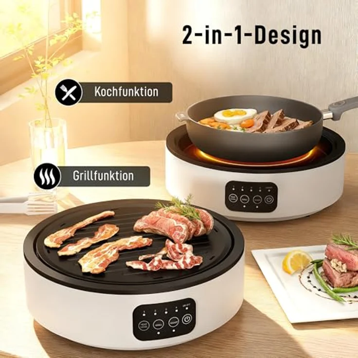 HOMCOM Infrarot-Einzelkochplatte Glaskeramikkochfeld mit Grillplatte, 2000 W, 36 cm, LED-Touch-Steuerung, 4 Heizstufen, Fettauffangschale, für alle Töpfe – Bild 3