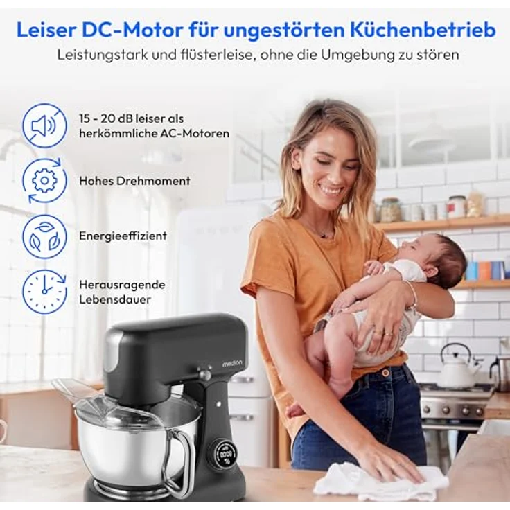MEDION Digitale Küchenmaschine MD12600, 800 W Gleichstrommotor, Energiesparend, Ultraleise, Digitales Sensor-Touch-Display, 4,6 L Edelstahlschüssel, Inkl. Fleischwolf – Bild 3
